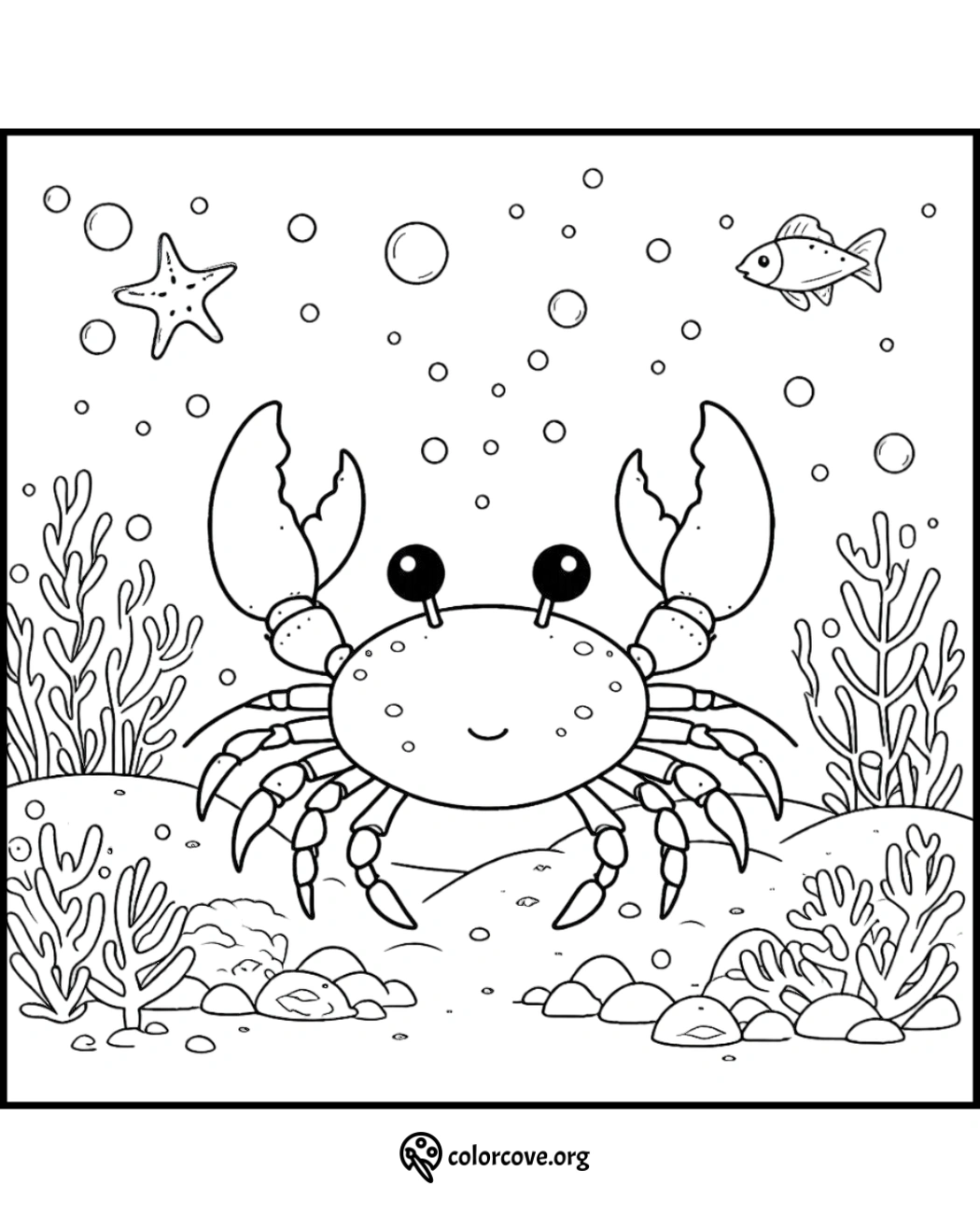 Cute crab coloring page with ocean background, fish, starfish, and sea plants. Printable kids' activity sheet from colorcove.org.