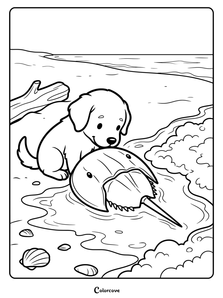 A curious puppy investigating a horseshoe crab on the sandy beach in a printable coloring page.