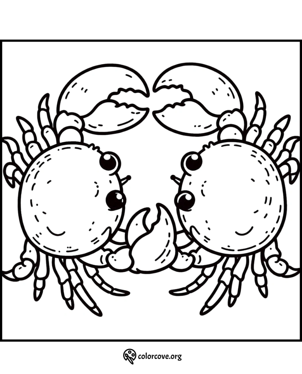 Coloring page of two adorable crabs facing each other, perfect for kids' marine-themed coloring activities.