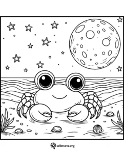 Cute crab coloring page with a seaside view, stars, and moon. Perfect for kids to color and enjoy ocean scenes.