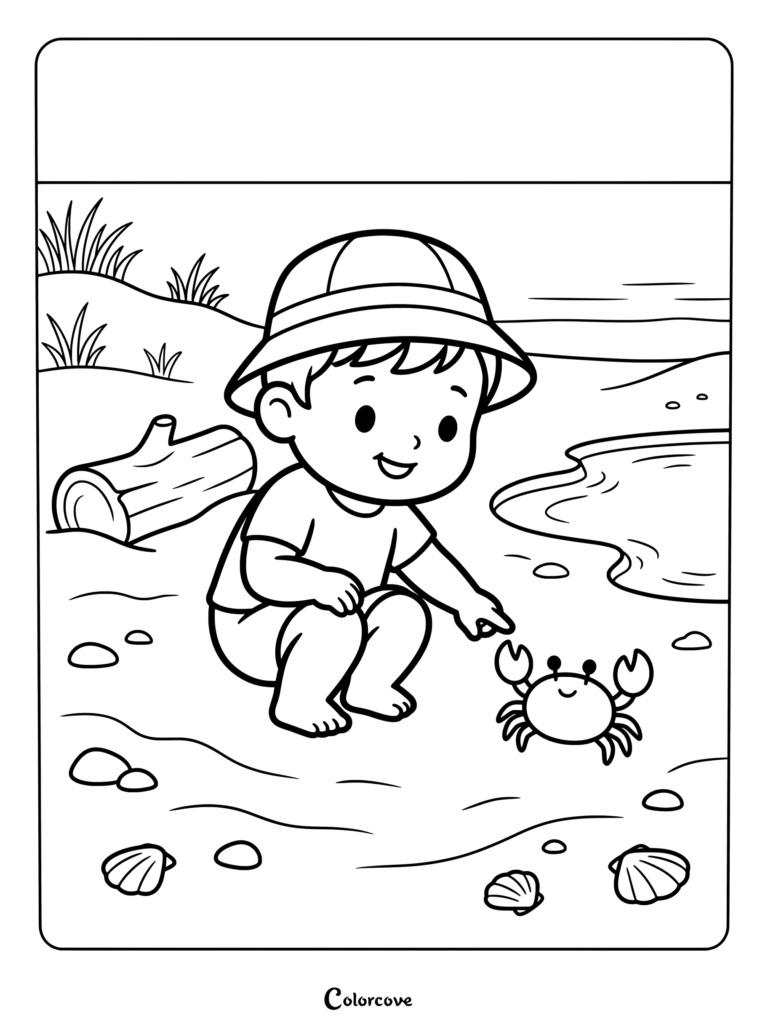 Printable crab coloring page featuring a young explorer in a sun hat pointing at a friendly little crab on the sandy beach.