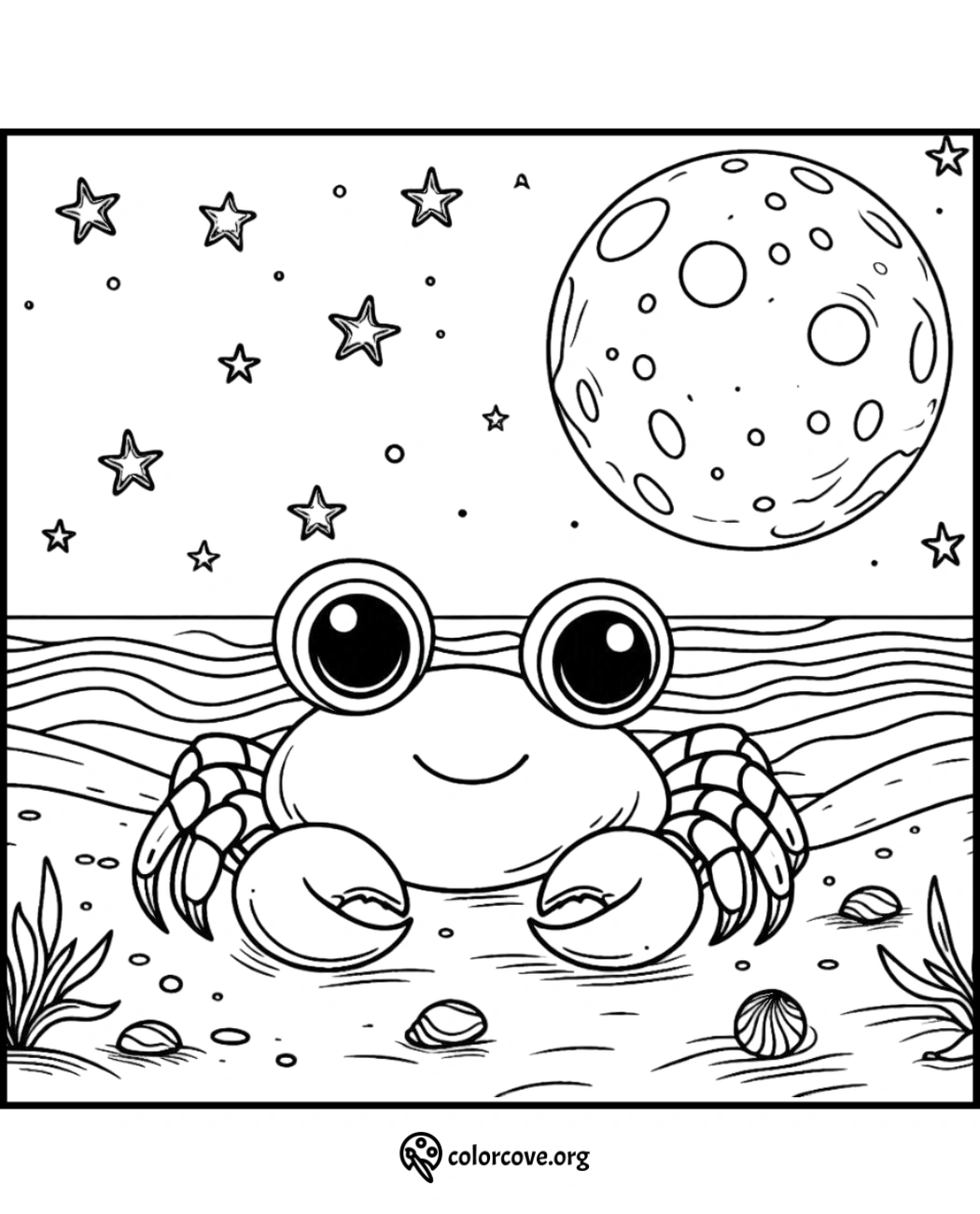 Cute crab coloring page with a seaside view, stars, and moon. Perfect for kids to color and enjoy ocean scenes.