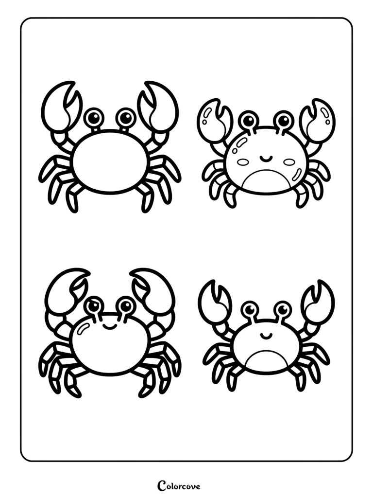 Four cute cartoon crab characters arranged in a grid for a coloring page.