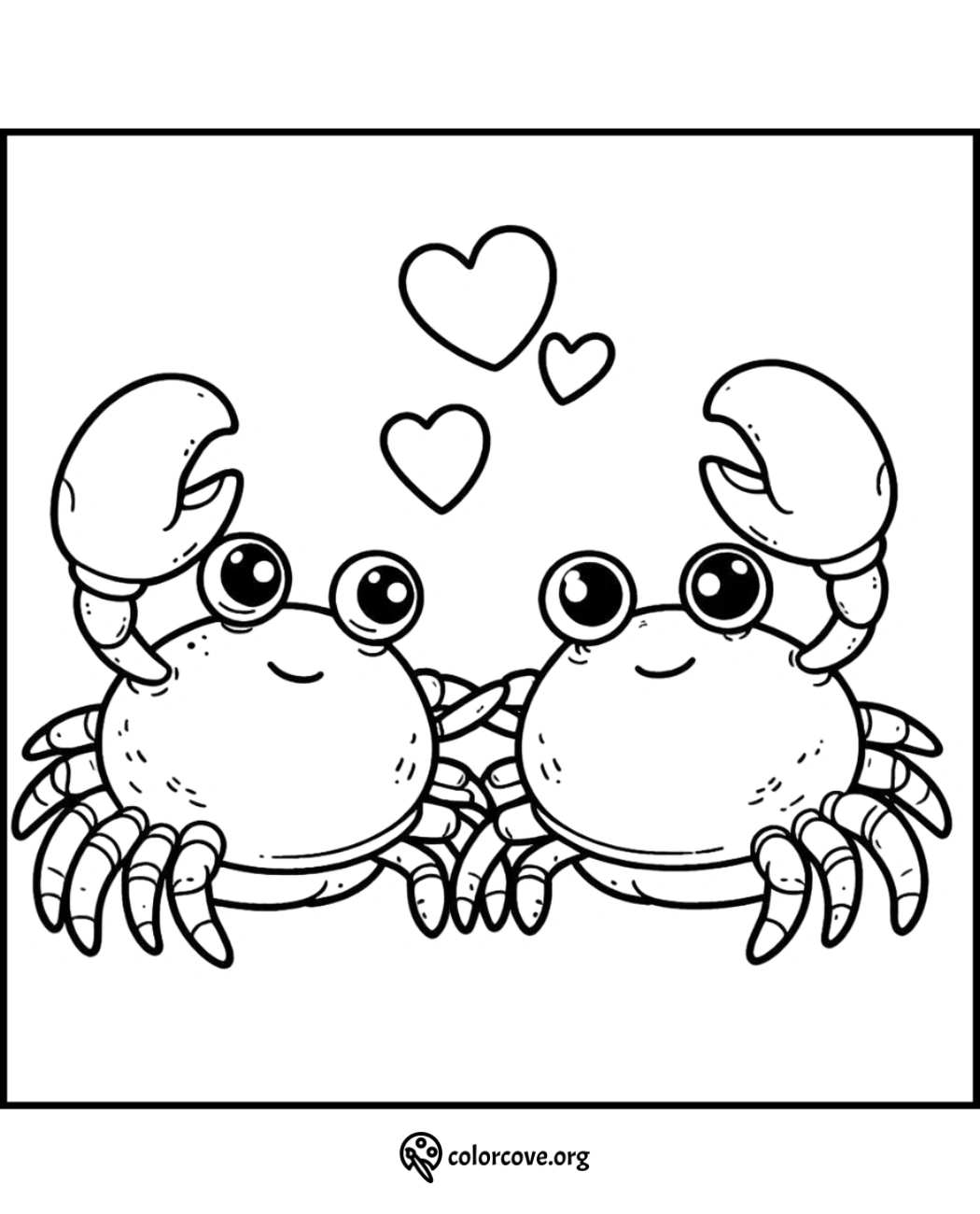 Coloring page of two adorable crabs with hearts above them, perfect for kids and marine life enthusiasts.