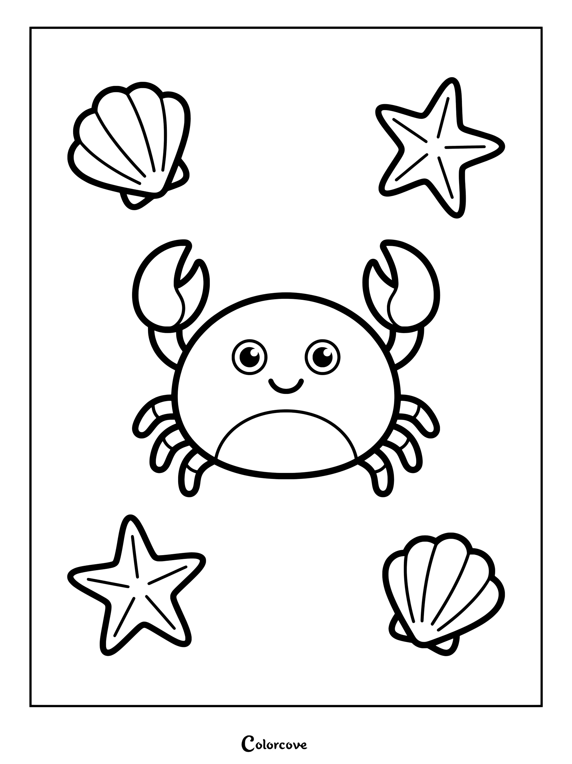 Cute crab coloring page surrounded by seashells and starfish.