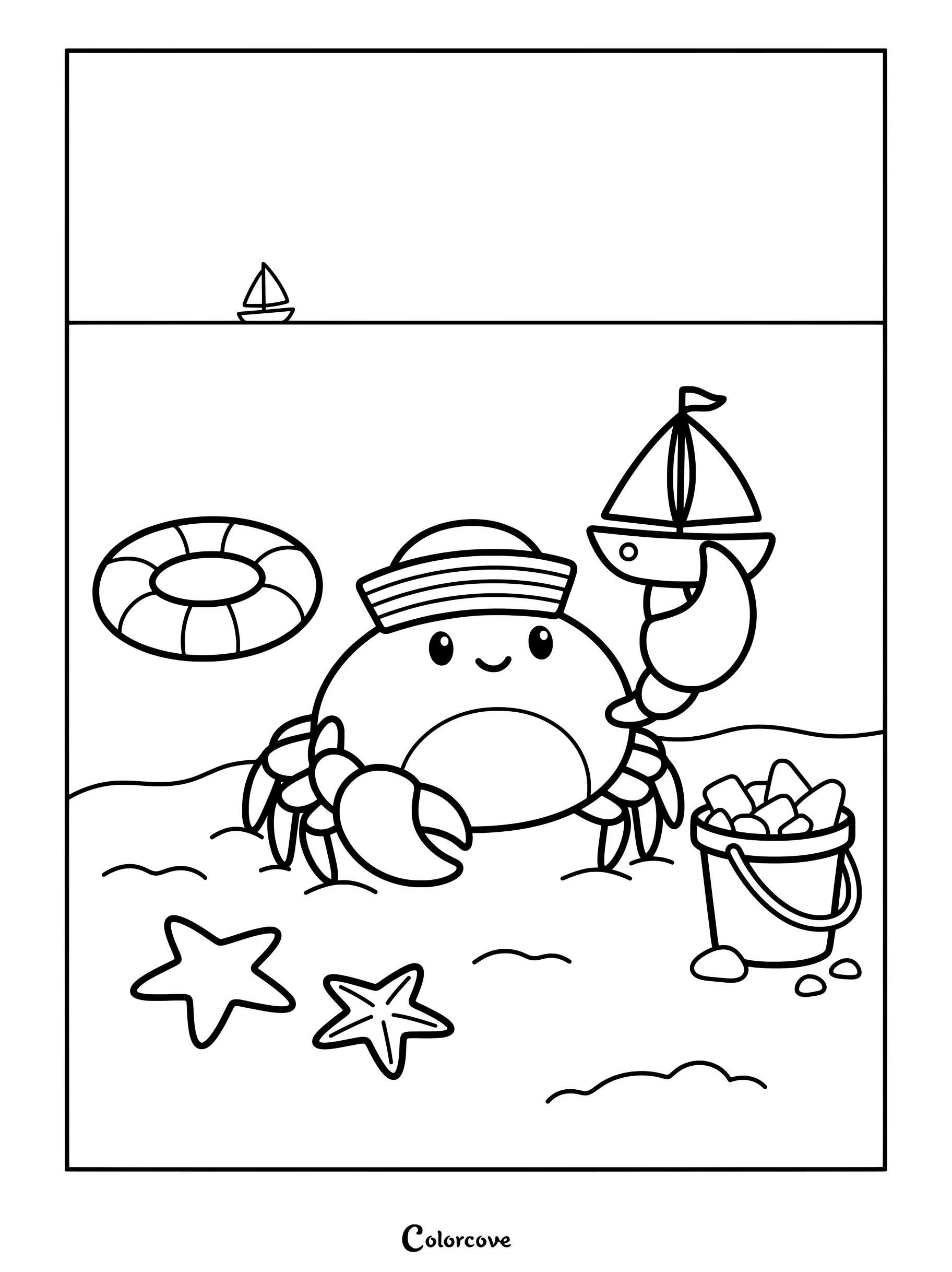 A friendly crab wearing a sailor cap holding a toy sailboat on the beach coloring page