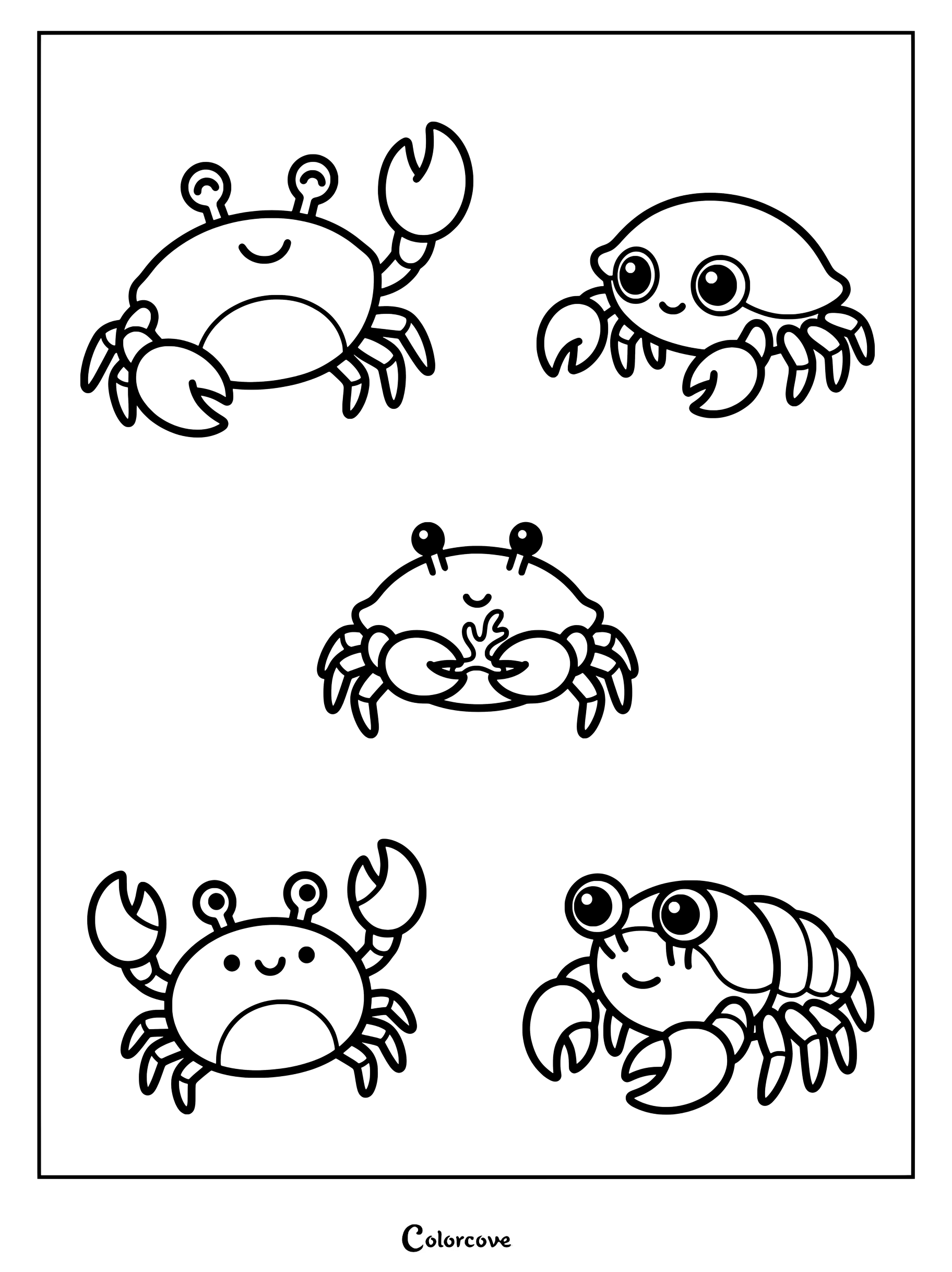 Printable coloring page featuring five cute cartoon crab characters in various poses.