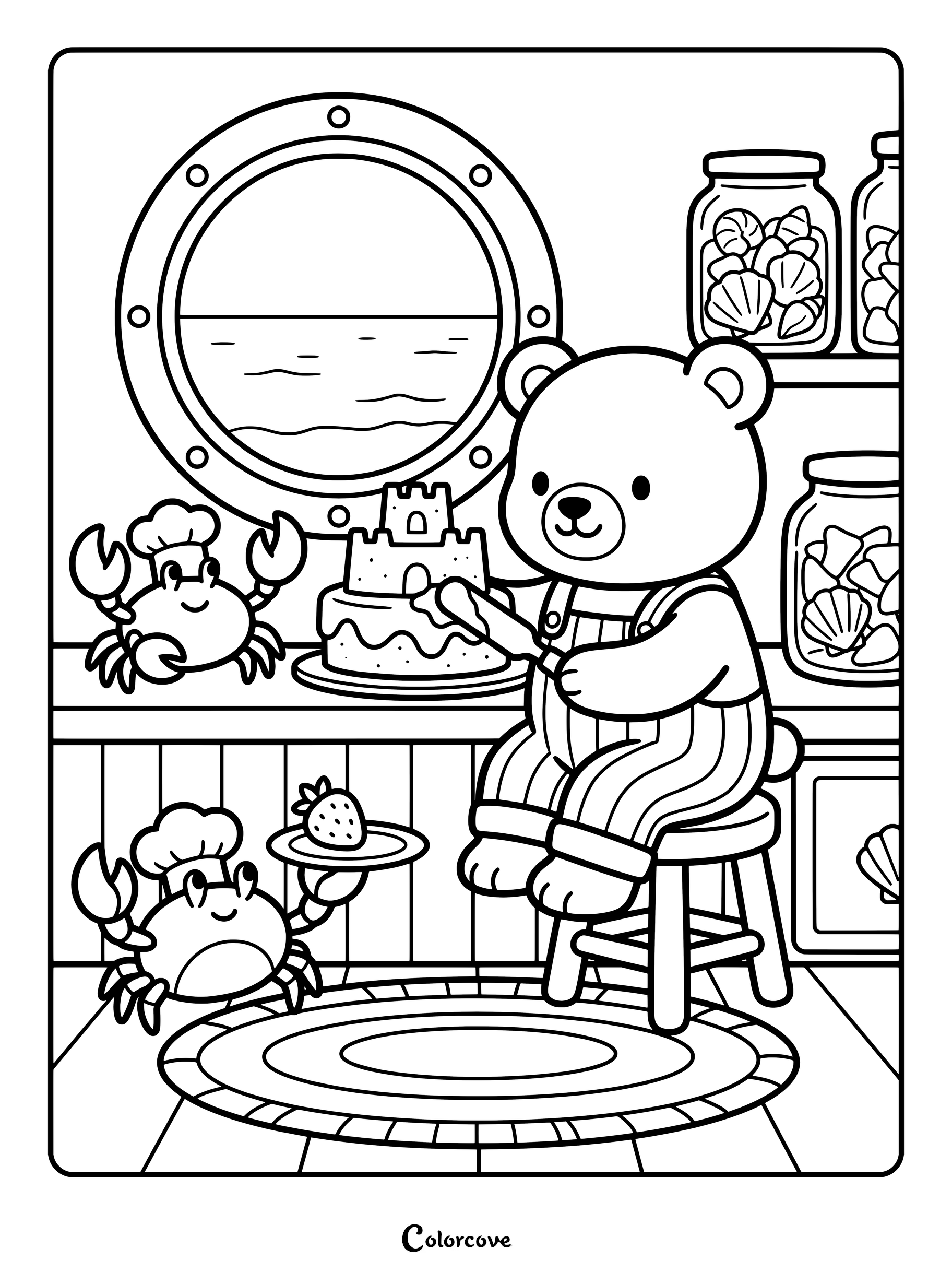 A friendly bear in overalls decorates a sandcastle cake aboard a ship, accompanied by cute little chef crabs, in this printable crab coloring page.
