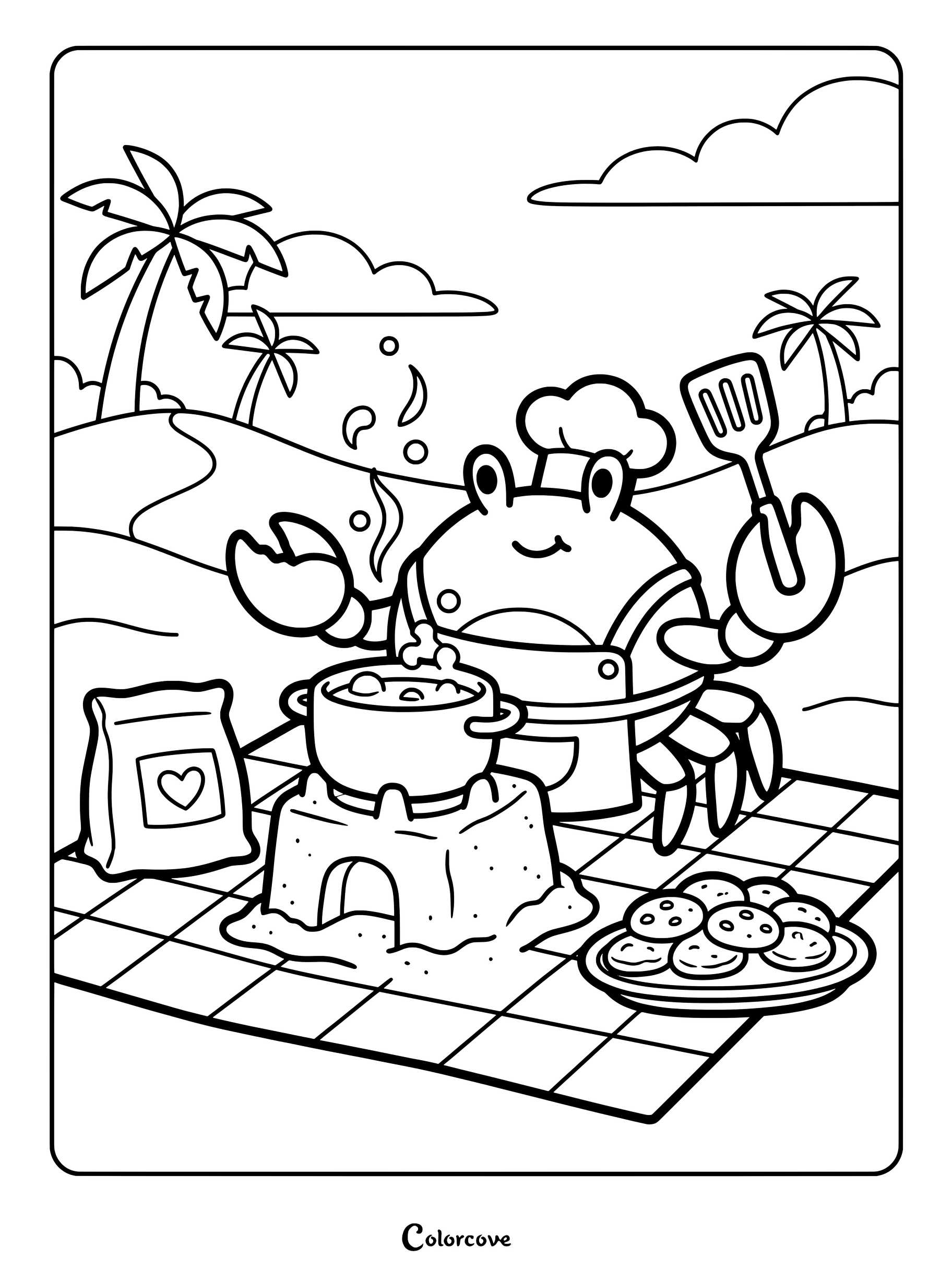 Crab coloring page featuring a chef wearing an apron and hat while cooking soup on a beach.