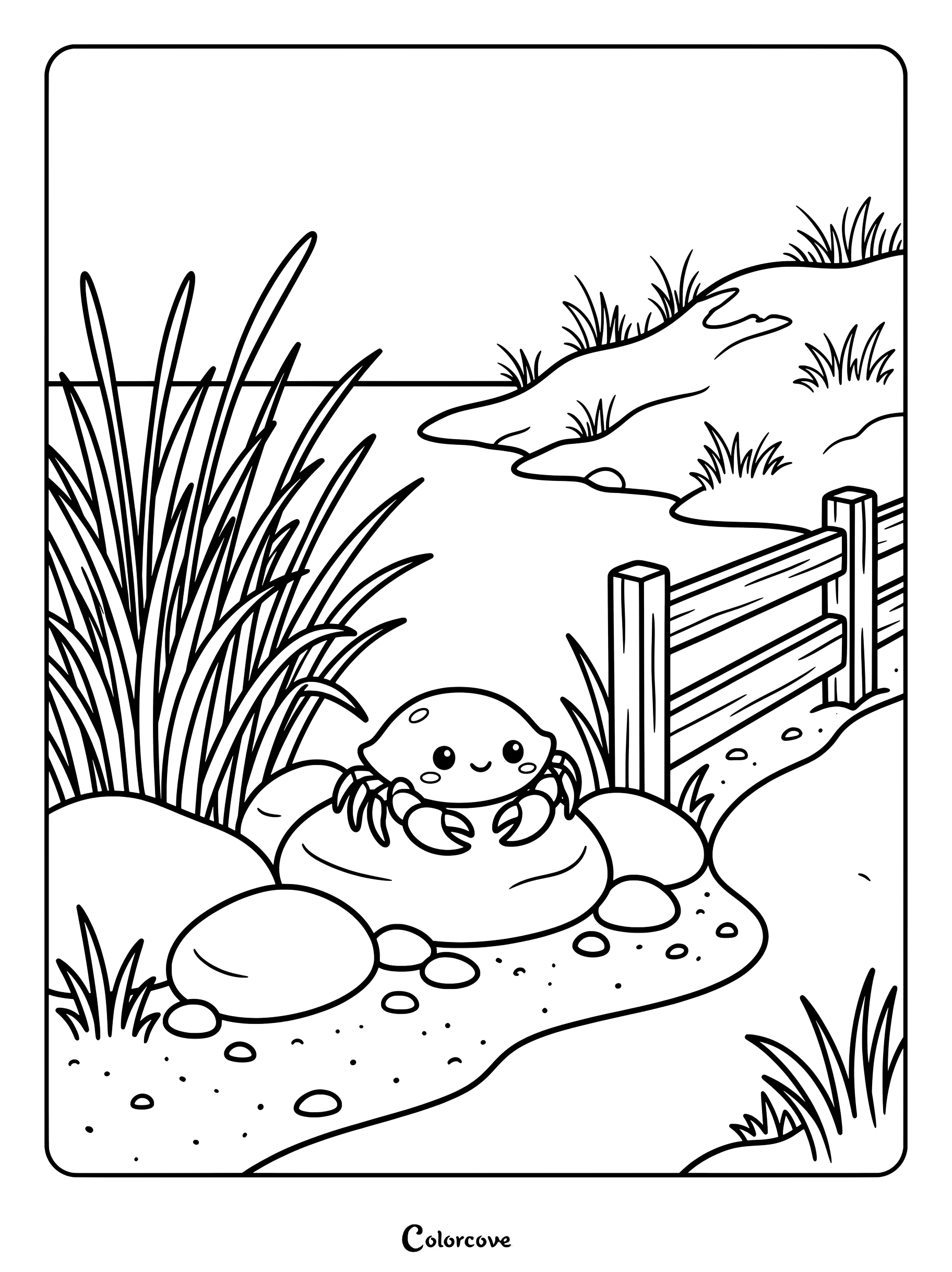 A cute little crab resting on a river rock in this printable coloring page.