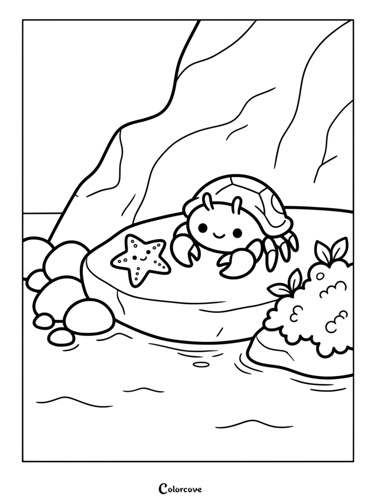 Cute hermit crab with a starfish on a rock near the water coloring page