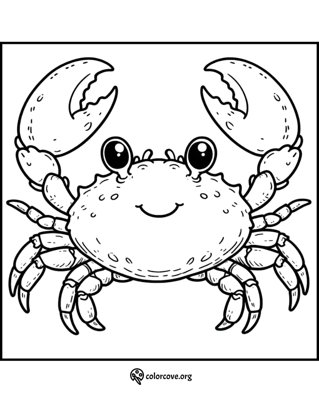 Cute crab coloring page for kids with large claws and a smiling face from ColorCove.org for children's activities.