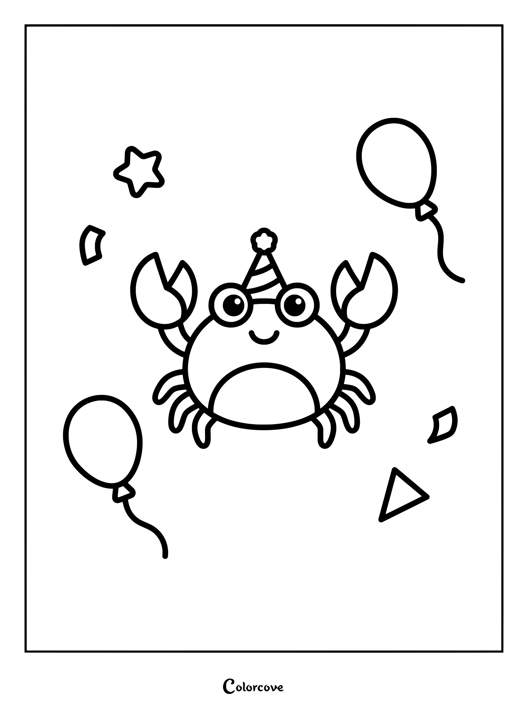 Happy crab wearing a party hat surrounded by balloons and confetti in a free coloring page.