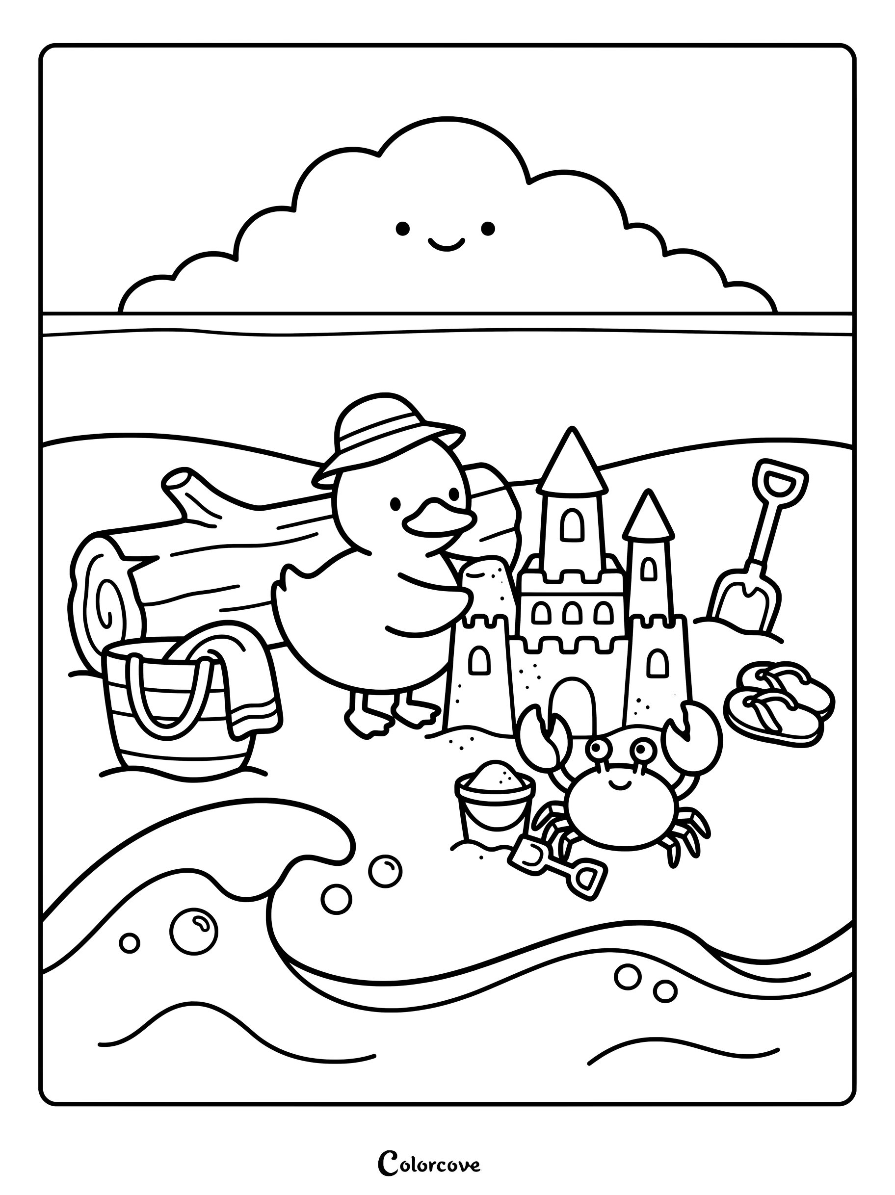 A duck wearing a hat building a sandcastle with a crab on the beach coloring page