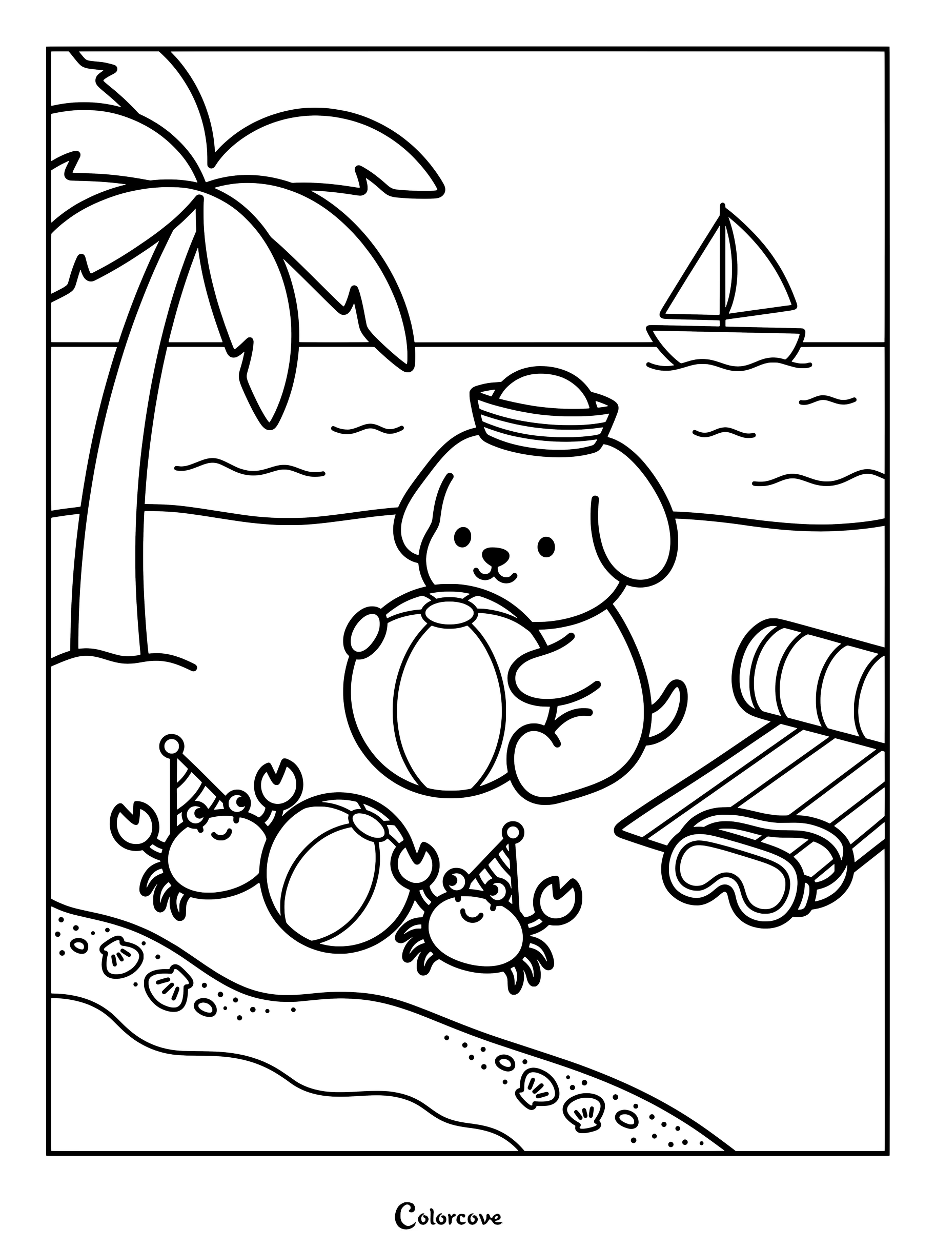 Printable coloring page of Pompompurin wearing a sailor hat playing with a beach ball alongside party hat wearing Crab friends on a tropical beach.