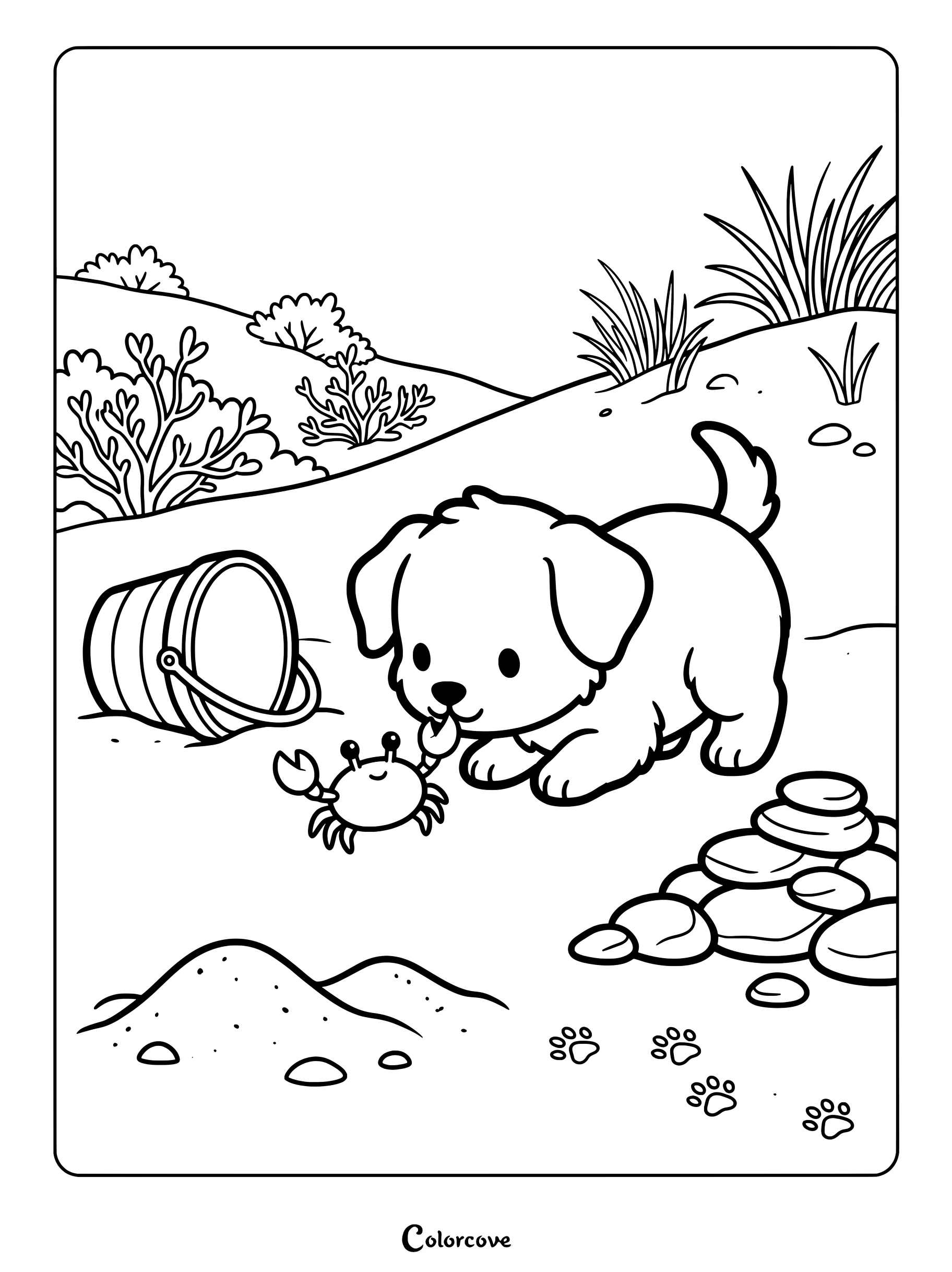 A cute puppy playing with a tiny crab on a sandy beach coloring page