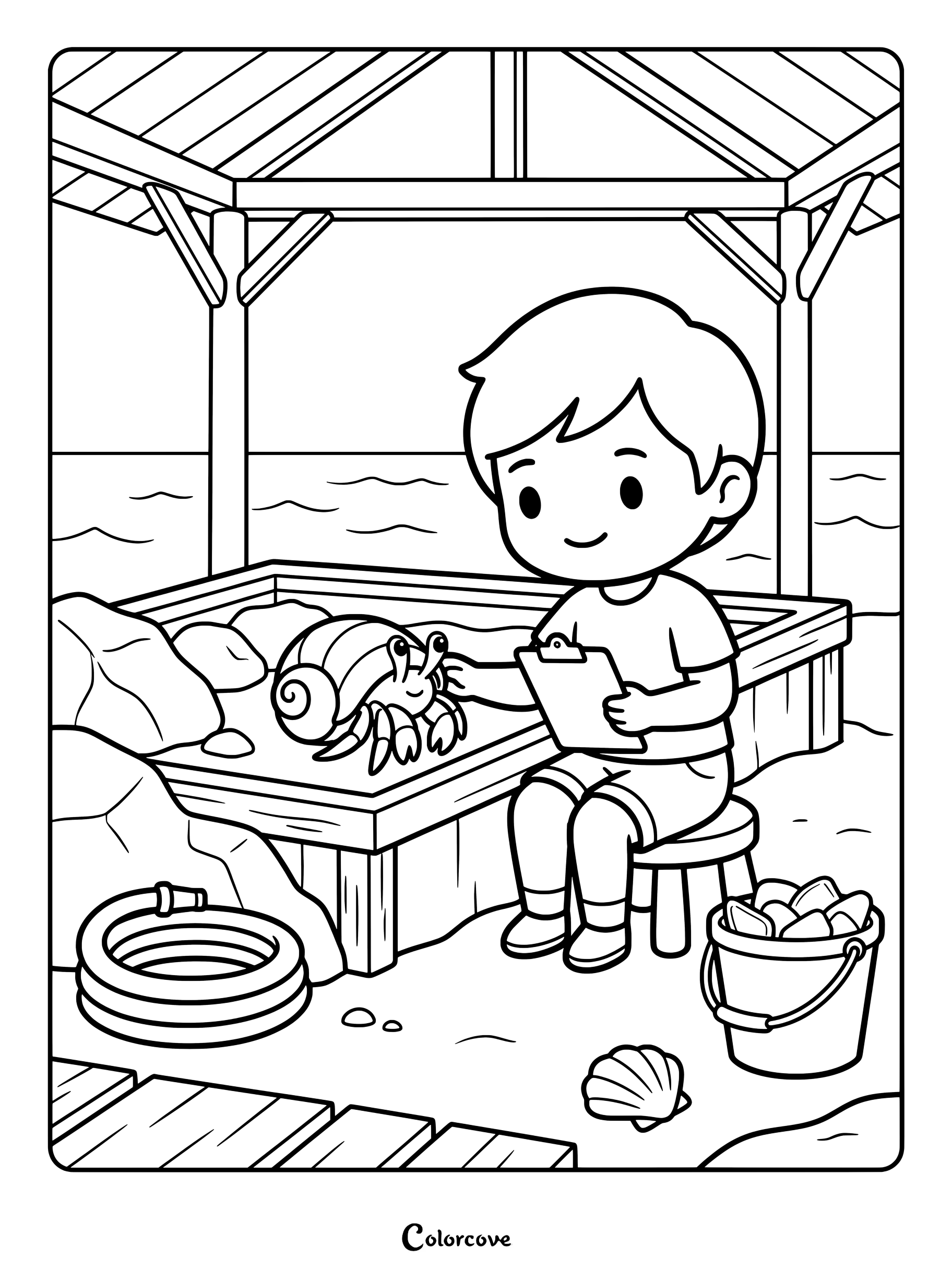 A young boy holds a clipboard and studies a cute hermit crab inside a sandy enclosure for a coloring page.