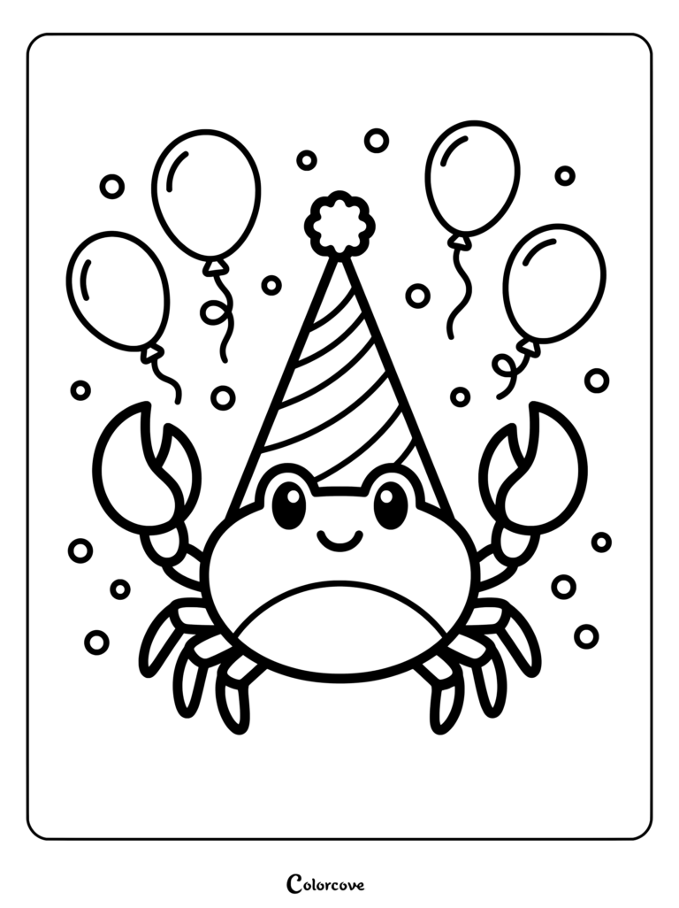 A cute crab wearing a party hat surrounded by balloons, ready for a fun coloring page activity.