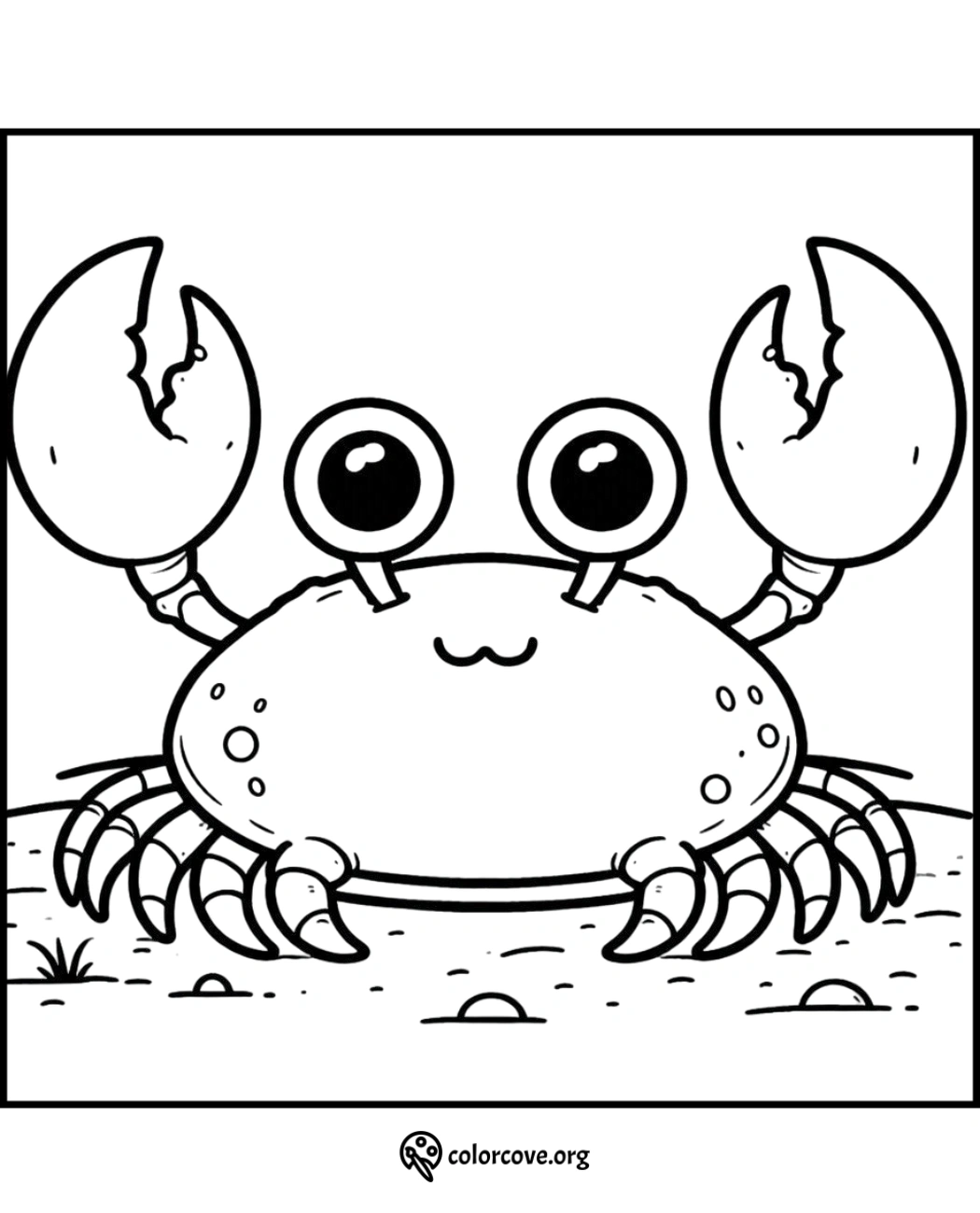 Cute crab coloring page for kids, featuring a smiling crab with big eyes and claws. Download and print.