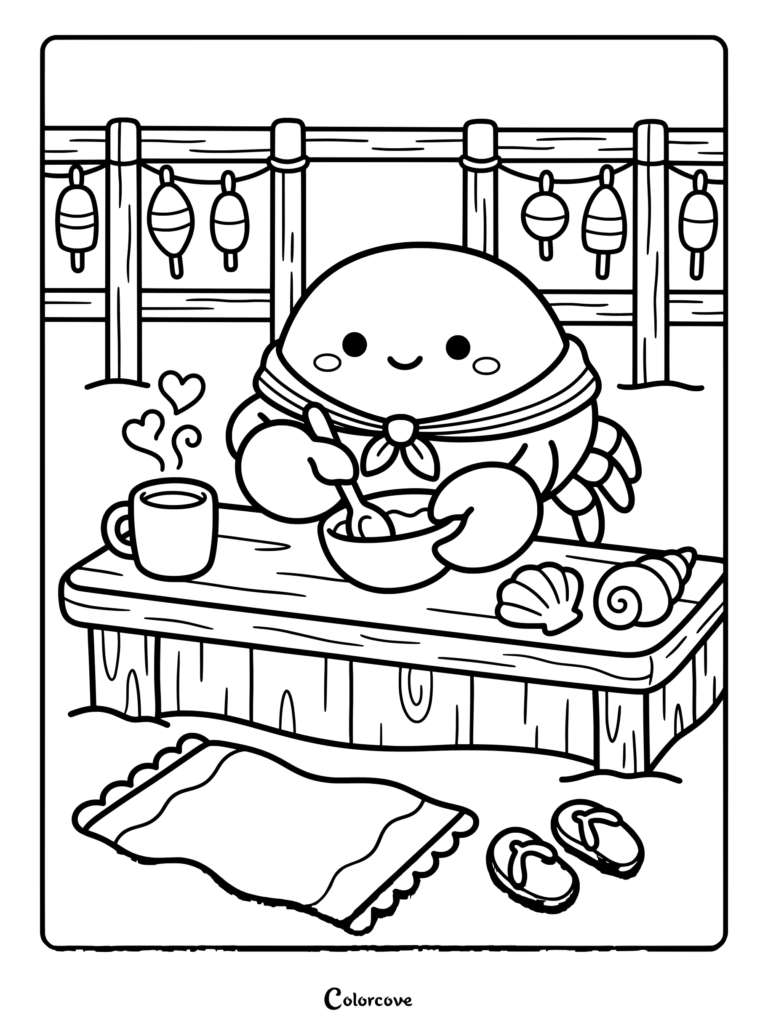 Cute crab coloring page eating soup at a wooden coastal table with a hot mug and shells.