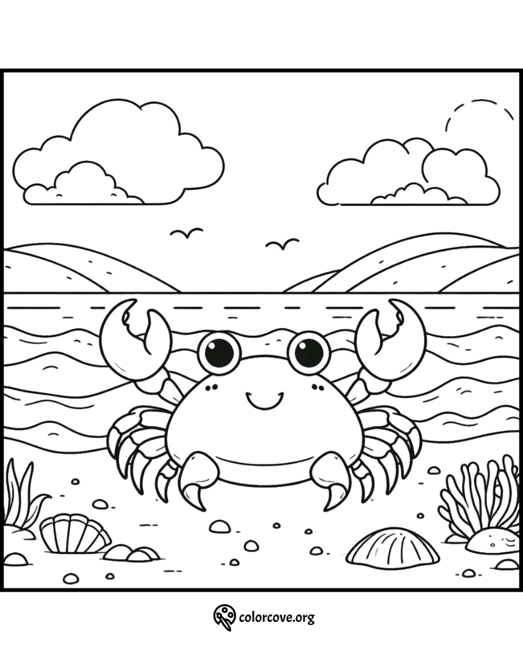 Smiling crab coloring page by the sea with waves, shells, and sea plants in the background for kids to color.