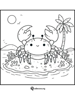 Cute crab on a tropical island coloring page, perfect for kids to enjoy sea life and beach scenes. Download at colorcove.org.