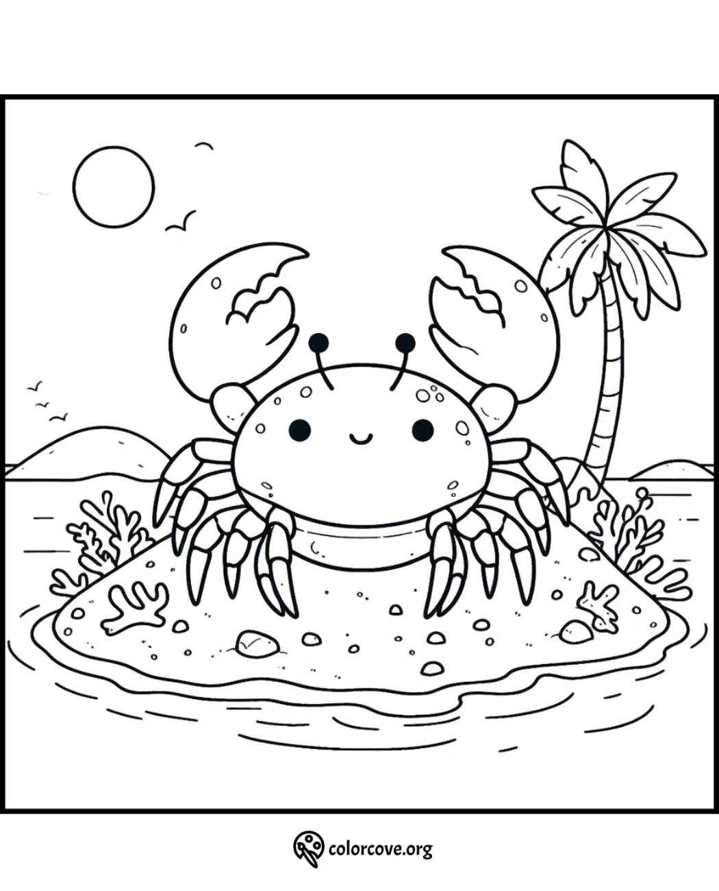 Cute crab on a tropical island coloring page, perfect for kids to enjoy sea life and beach scenes. Download at colorcove.org.