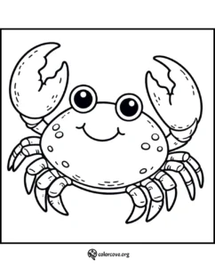 Cartoon crab coloring page with smiling face and large claws, perfect for kids' ocean-themed activities and creativity.