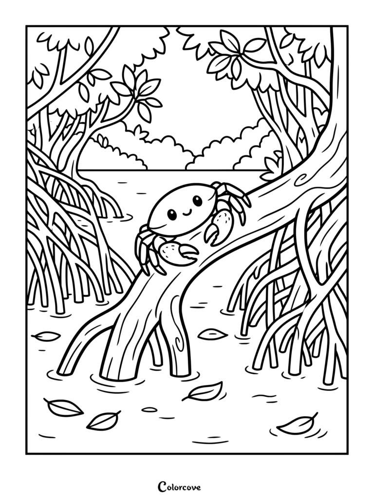 A friendly crab on a branch in a mangrove forest coloring page.