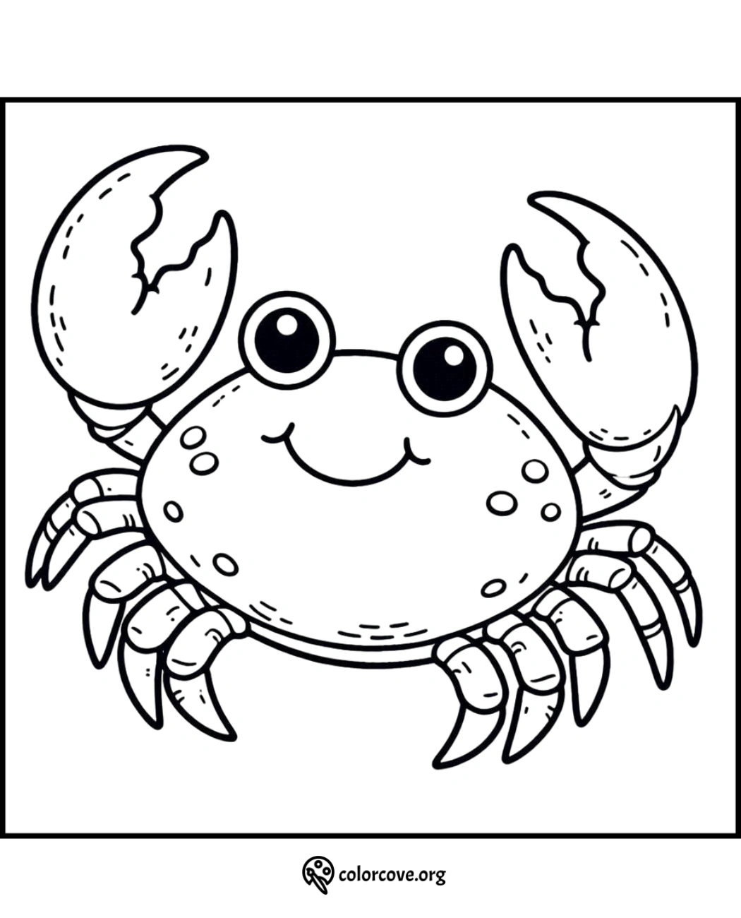 Cartoon crab coloring page with smiling face and large claws, perfect for kids' ocean-themed activities and creativity.