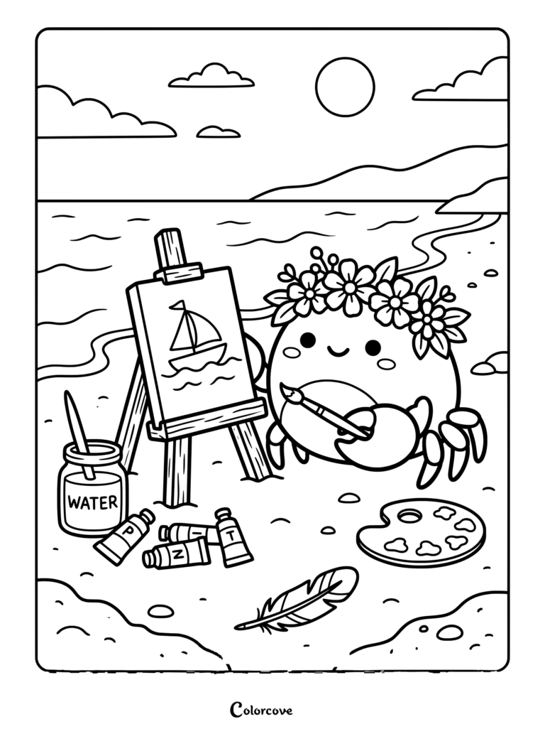 Cute crab wearing a flower crown painting a sailboat on an easel at the beach coloring page