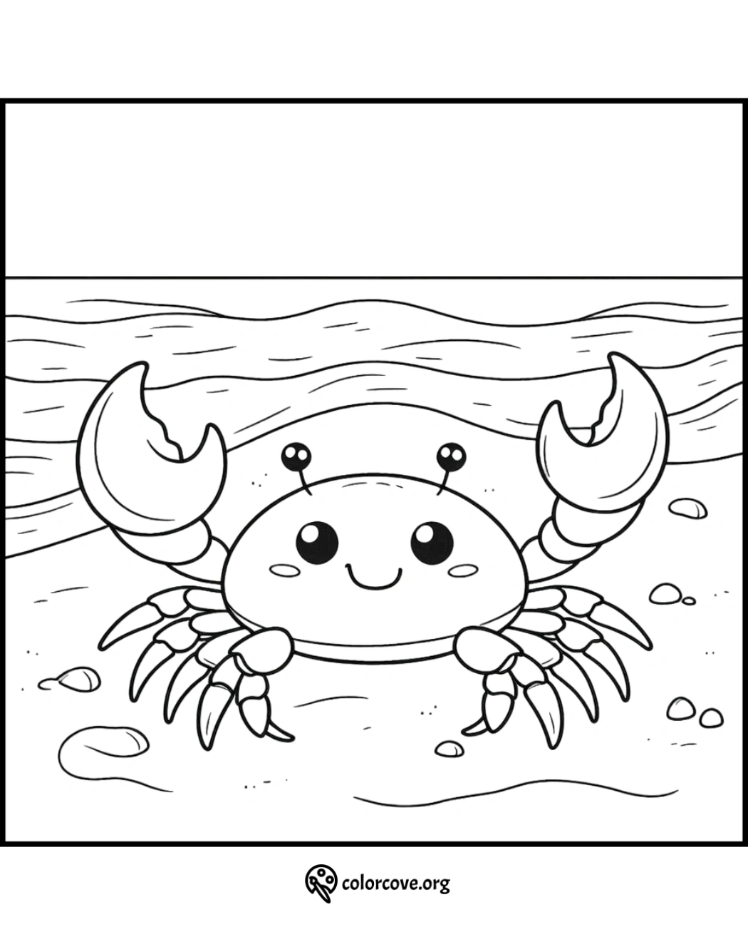 Cute crab coloring page for kids featuring a smiling crab on the beach. Fun and educational ocean-themed activity.