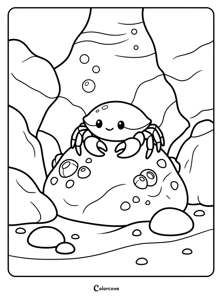 A cute cartoon crab sits smiling on a barnacle-covered rock on the ocean floor in this printable coloring page.