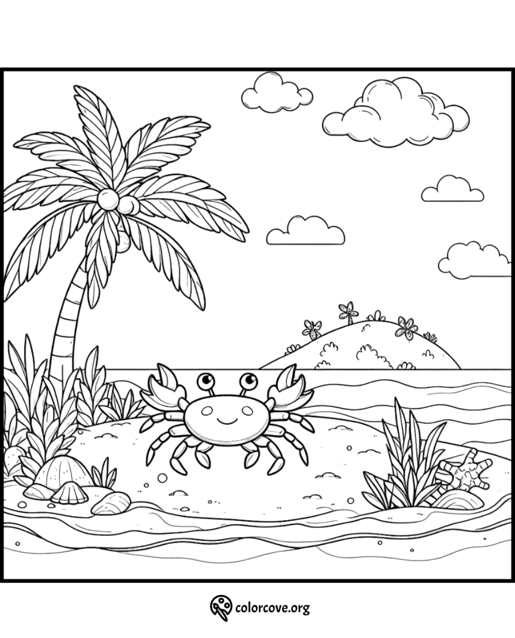 Cute Island Beach coloring page featuring a smiling crab, palm tree, seashells, clouds, and distant flowers. Perfect for kids!