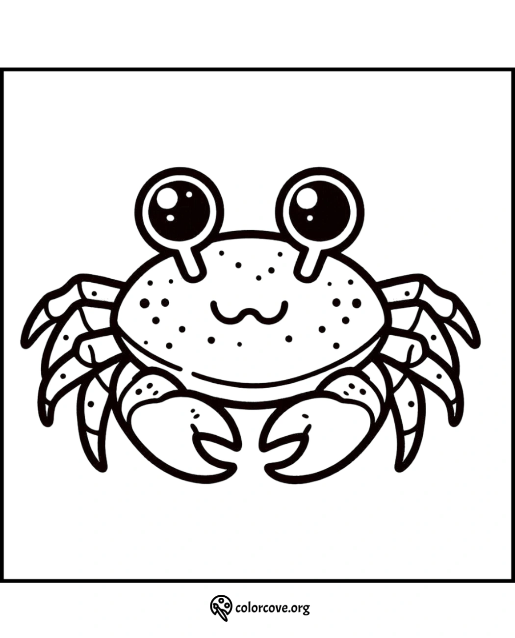 Cute crab coloring page for kids, featuring a smiling cartoon crab with big eyes, perfect for a fun and educational activity.