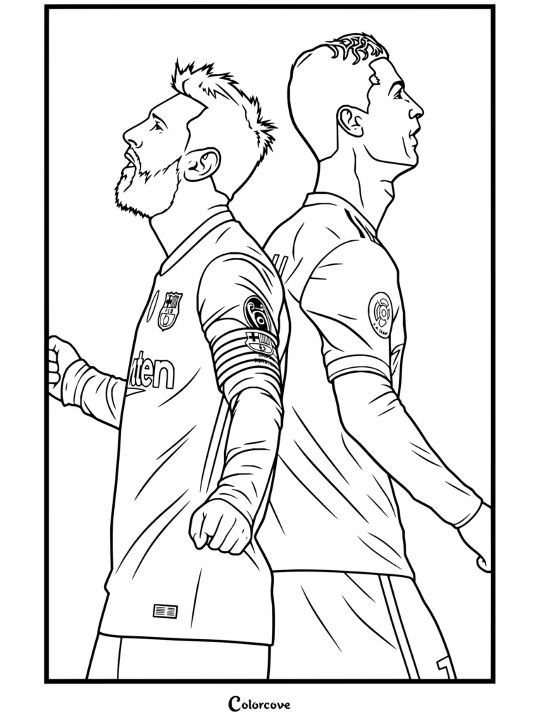 Dibujo para colorear con retrato estilizado de Cristiano Ronaldo y Lionel Messi de espaldas