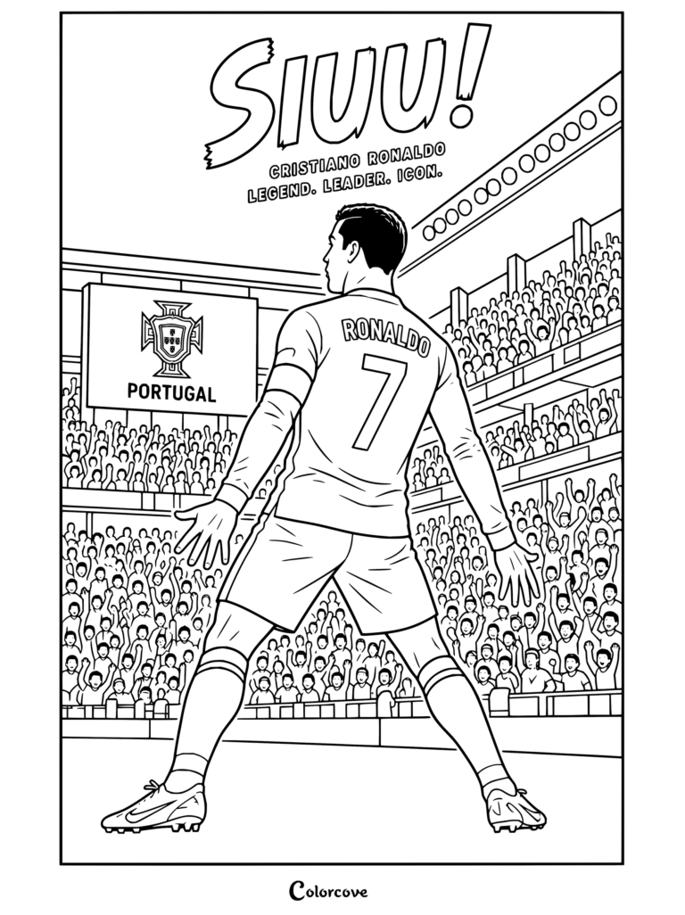 Página para colorear gratis de Cristiano Ronaldo en su famosa celebración del Siuuu con la camiseta número siete de Portugal en un estadio lleno.