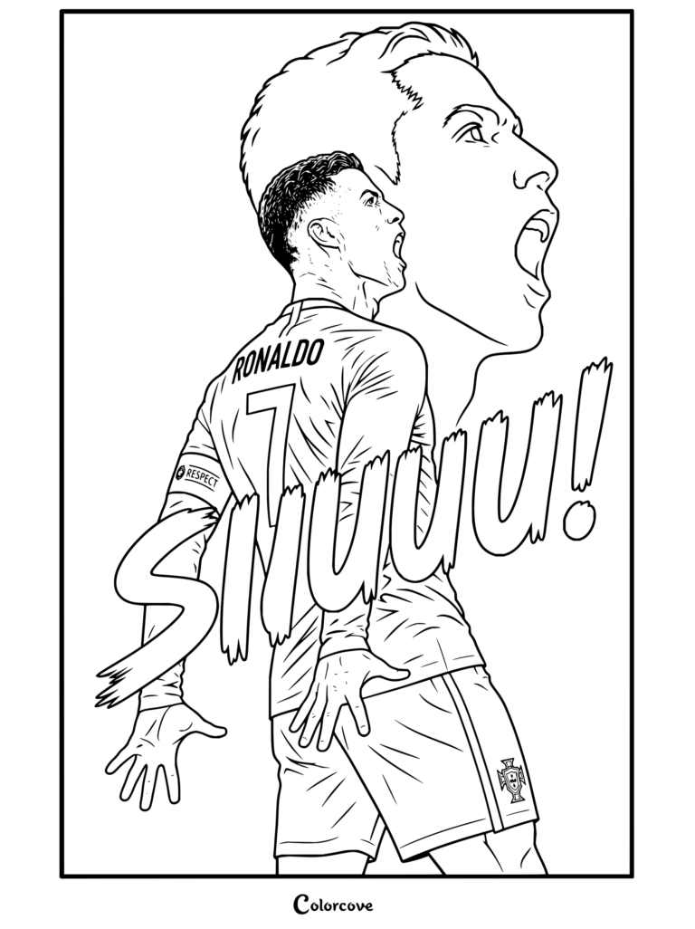 Página para colorear imprimible de Cristiano Ronaldo en la icónica celebración del Siuuu con la camiseta número 7 de Portugal.