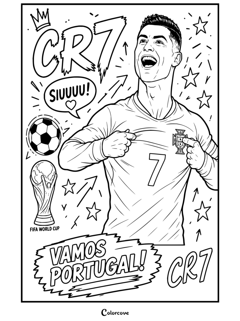 Dibujo para colorear de Cristiano Ronaldo celebrando con la camiseta de Portugal, el trofeo de la Copa Mundial y gráficos de CR7.