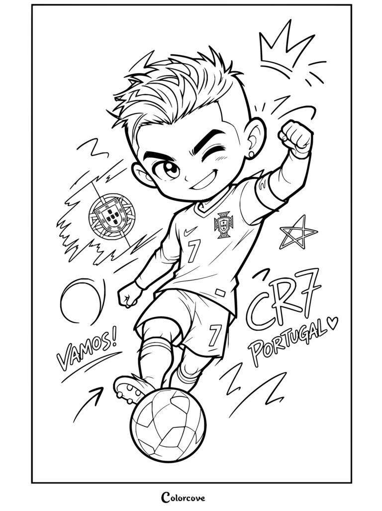 Caricatura chibi de Cristiano Ronaldo con la camiseta número siete de Portugal, celebrando con un balón y la palabra «Vamos», ideal para colorear gratis.