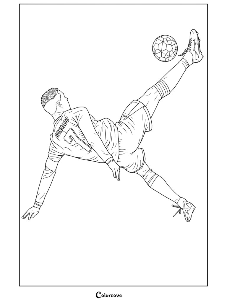 Página para colorear imprimible de Cristiano Ronaldo ejecutando una potente chilena con la equipación de Portugal al golpear el balón.