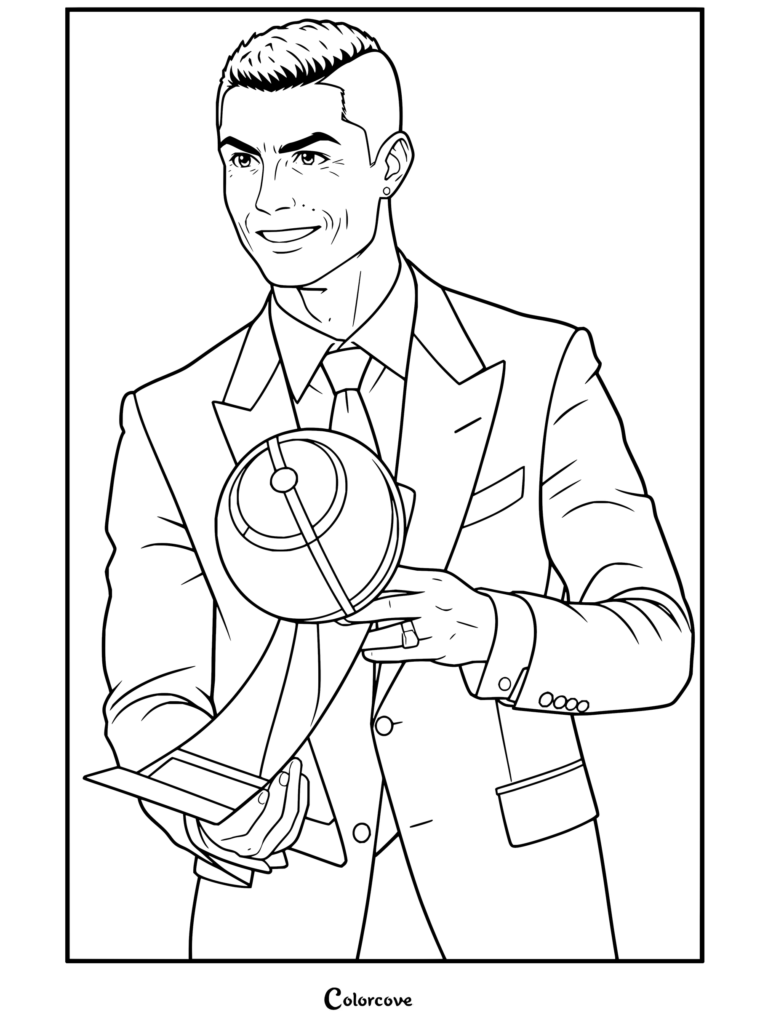 Dibujo para colorear de Cristiano Ronaldo sosteniendo un trofeo de globo dorado con traje negro y corbata