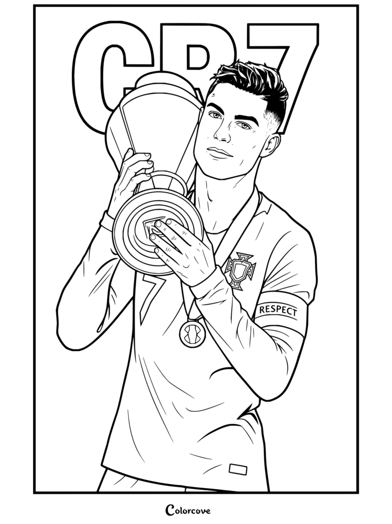 Dibujo para colorear de Cristiano Ronaldo sosteniendo el trofeo de la Liga de Naciones de la UEFA con la camiseta de Portugal y un fondo del logo CR7.