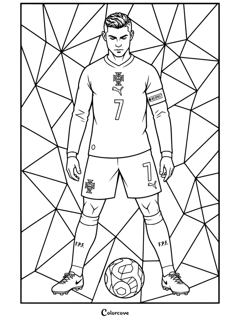 Dibujo para colorear de Cristiano Ronaldo en estilo low-poly con la camiseta número siete de Portugal y un balón a sus pies.