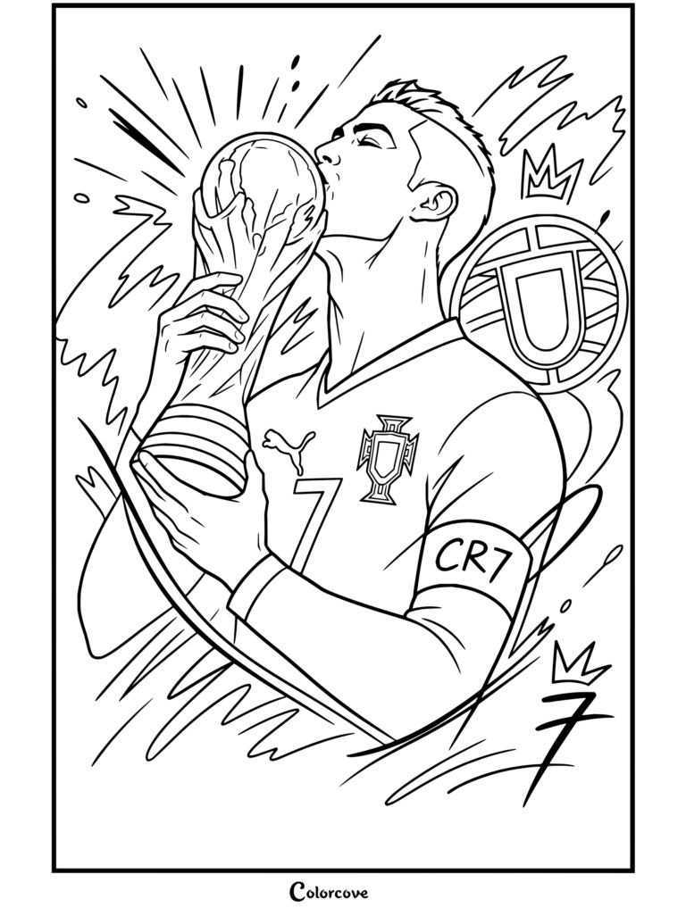 Página para colorear para fans de Cristiano Ronaldo besando el trofeo de la Copa Mundial con la camiseta de Portugal y detalles de CR7