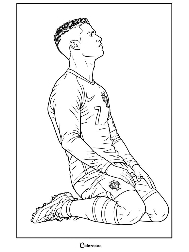 Dibujo para colorear de Cristiano Ronaldo arrodillado mirando hacia arriba con la camiseta roja y pantalones verdes de Portugal frente a la bandera portuguesa