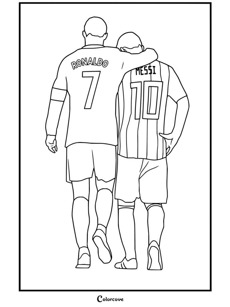 Dibujo para colorear de Cristiano Ronaldo y Lionel Messi caminando juntos con el brazo sobre el hombro luciendo las camisetas con los números siete y diez