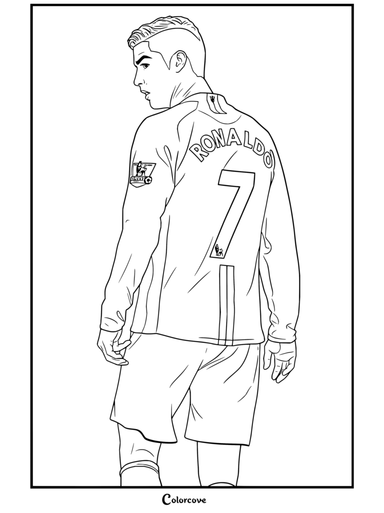 Dibujo para colorear de la vista trasera de Cristiano Ronaldo con la camiseta roja de manga larga y el número 7 del Manchester United