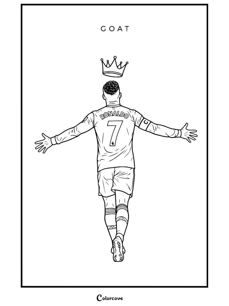 Dibujo para colorear de Cristiano Ronaldo con los brazos abiertos, una corona brillante y la camiseta roja con el número 7 del Manchester United.