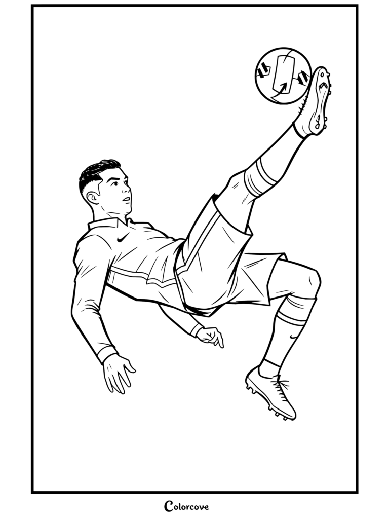 Página para colorear imprimible de Cristiano Ronaldo realizando una espectacular chilena al rematar el balón con la camiseta de Portugal.